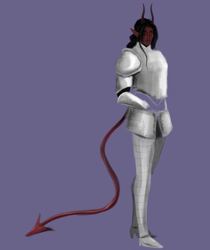 judgement, a tiefling, in full armor. 