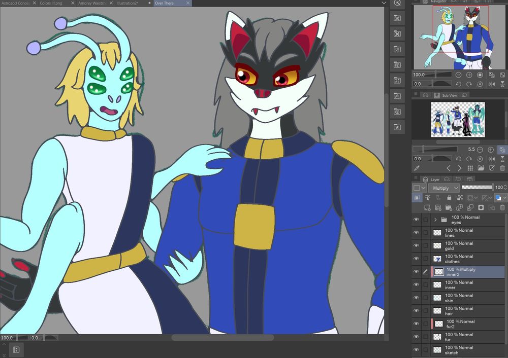 WIP of Charon the primordial, a light blue alien figure with four arms and four green eyes, sitting in the arm of Kerberos the nymphling, a black wolf with white accents and red eyes