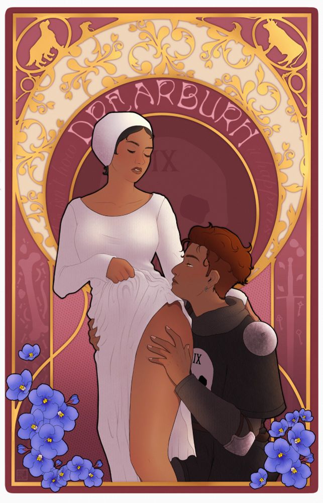 Art nouveax style illustration of two women, namely Harrowhark Nonagesimus and Gideon Nav from The Locked Tomb series by Tamsyn Muir. The woman on the left, Harrowhark, is standing, wearing a simple white bonnet hat and a white shift dress, and her right hand is lifting the skirt up so her full left leg is exposed. The other woman, Gideon, is kneeling beside her, wearing black nightly garments (no armor) and holding the other woman by her thighs while her chin rests on the other woman's hip. They are surrounded by intricate motifs of gold banding and violets/flowers.