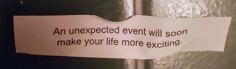Fortune cookie fortune that reads: "An unexpected event will soon make your life more exciting." More like a curse cookie in my opinion 