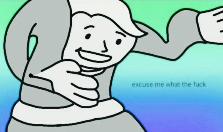 A little cartoon guy with hunched shoulders and gesturing hands. Text says: excuse me what the fuck