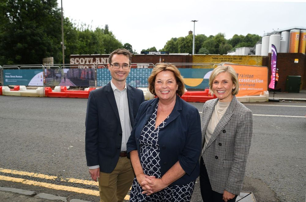 Glasgow City Councillor Angus Miller is joined by Cabinet Secretary for Transport Fiona Hyslop, and Sustrans Director for Scotland, Cymru and Northern Ireland Fiona MacLeod to celebrate construction progress on the Duke Street Glasgow Avenues Plus project in Glasgow.