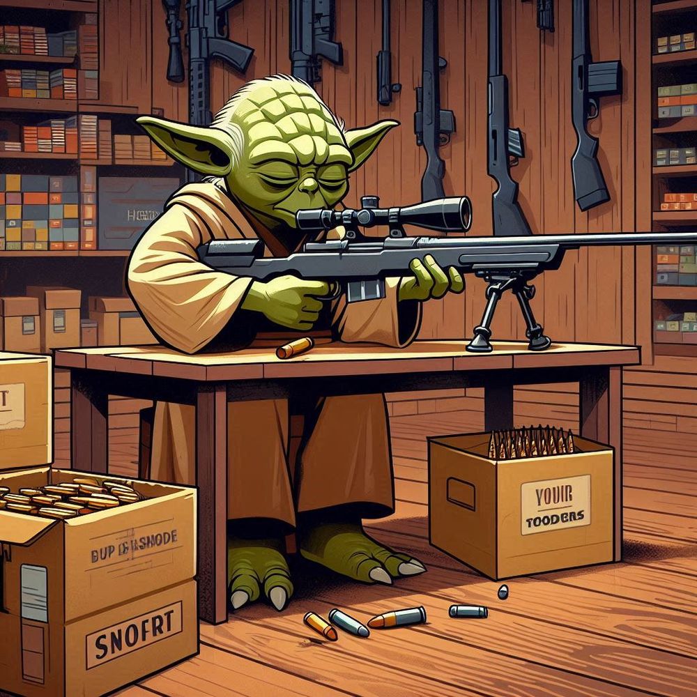 Yoda holding a sniper rifle in a gun shop. Yoda is the mascot of Team Yuri which supports Ukrainian snipers.