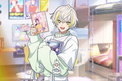 toi holds a few otome games in his left arm, while holding one up with his right. he looks very excited and is smiling brightly while his eyes shine