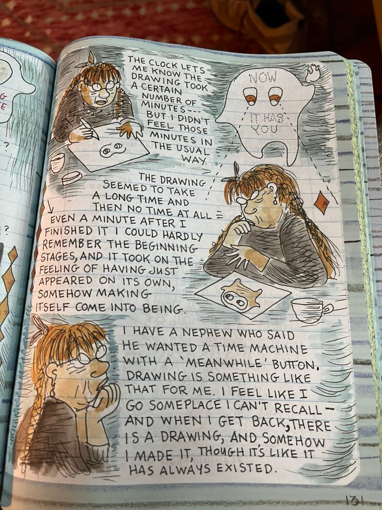Page from Lynda Barry book Syllabus showing author (drawn herself) talking about being lost in time during creative work.