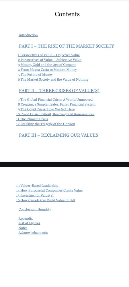screenshot of the table of contents of mark carney's book 'values: building a better world for all'