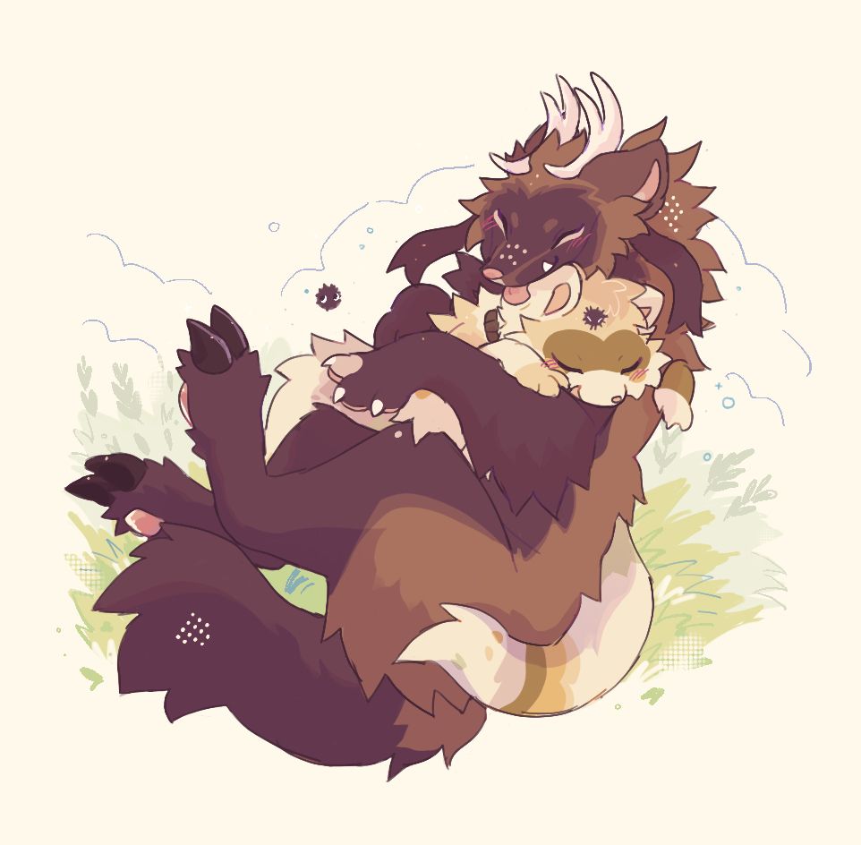 Wolverine/deer hybrid hugging a ferret while laying on the grass 