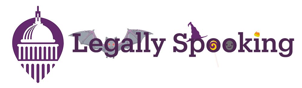 Legally Spooking banner, with logo. Icons include bat, witch hat, and candy