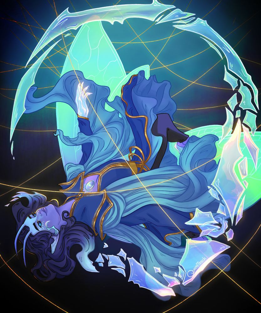 A full body illustration of my Daggerheart character Elysylle Hythenos, a faerie nightwalker rogue with lilac and blue skin and black hair that fades and breaks off into shards of glass. Her eyes are solid and pupilless, with an opalescent sheen to them. Both her hands are made of glass. 

She wears a deep blue outfit with gold accents and a chest window that exposes a glass orb embedded into her chest. Flowing strips of lighter blue fabric trail behind her for movement and drama mid-flight, and she wears glass slippers.

Her cicada wings are bright green and purple, and shards from her hair form a jagged, fragmented glass scythe. She is upside down weaving mid-air between threads of gold. The background fades from blue to black.