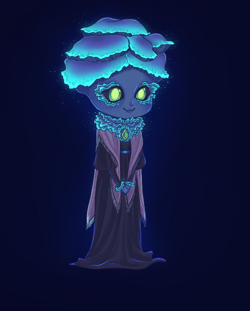 A chibi-style illustration of Liora Oscuriel, my Fungril hedge witch character. Her “hair” is made of several mushroom caps, with frilly mushrooms forming a high collar around her neck. At the base of the collar is a pinned green gem. Her colors are mostly blues and purples, with the mushroom caps fading into teal. She has bright green eyes with dark sclera. She wears a simple long black dress with puffy sleeves gathered at the elbows, tied under the bust with a blue ribbon. A lavender shawl with tassels drapes over her shoulders.