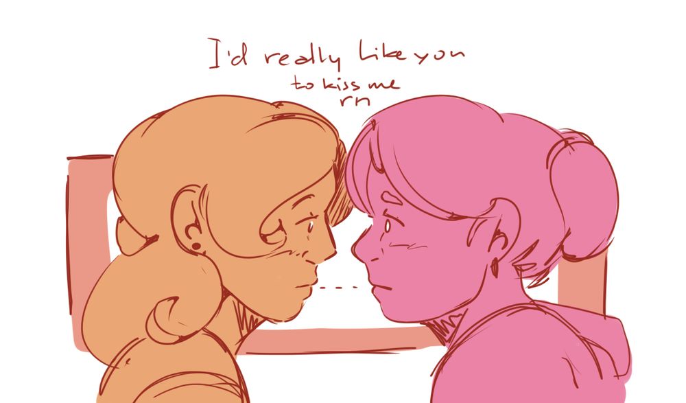 two girls are staring at each other on orangey square background. the girl on the left is orange, the girl on the left is pink. capture above them reads: "I'd really like you to kiss me rn"