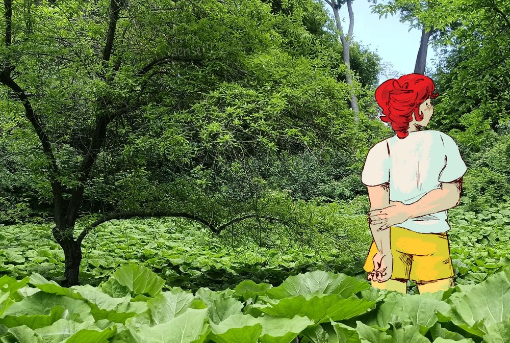 kasane teto in outfit from the music video birdbrain standing between the green leaves