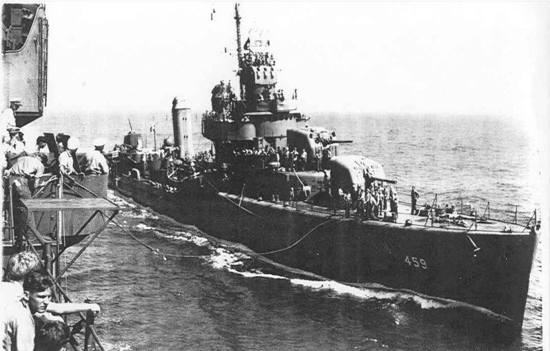 Benson class destroyer DD-479. Image is on the starboard forward while she refueling. Her forward 5' guns and superstructure are prominent 
