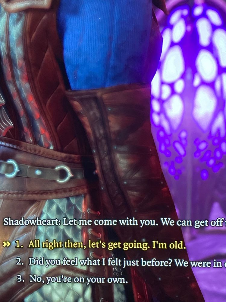 old meets Shadowheart. “All right then, let’s get going. I’m old.”