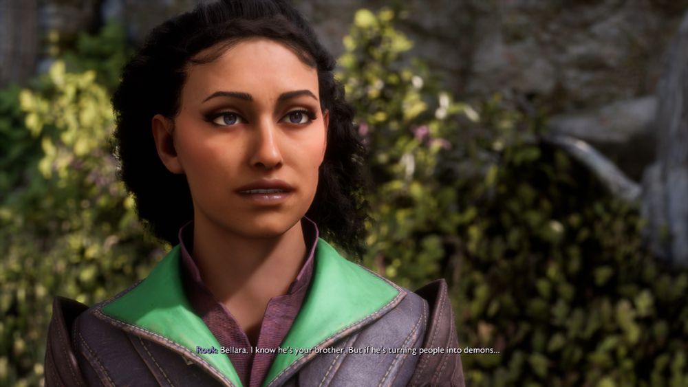 Screenshot of a mid-toned female human Rook with wide lips, green eyes, and curly black hair half-pulled-back. 