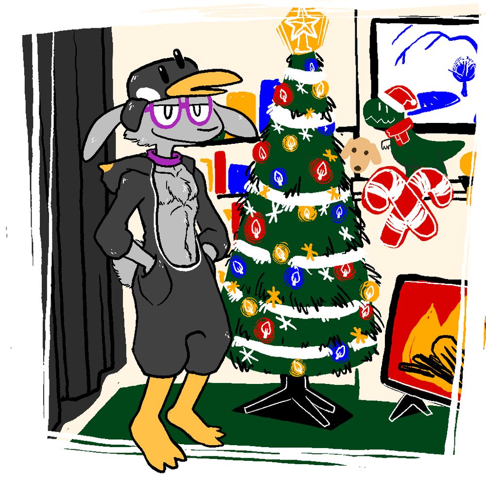 Sexy bunny man TJ in a penguin hat and penguin suit in a christmas decorated living room with newly decorated tree