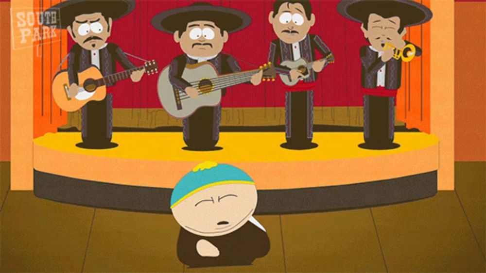 a south park cartoon shows a group of men on stage