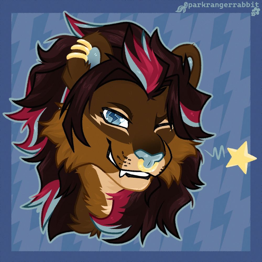Zed, a brown lion with a black mane and red and blue highlights, winking at the viewer.