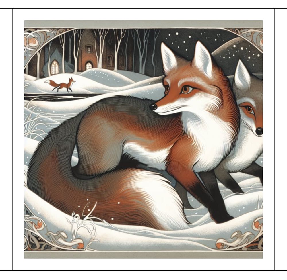 Storybook style AI generated illustration of two foxes in snow. Woodcut style with art nouveau frame. From the Elsewhere dream journal app. 