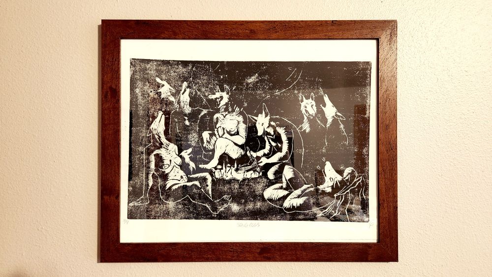 Several nude dogs singing around a campfire