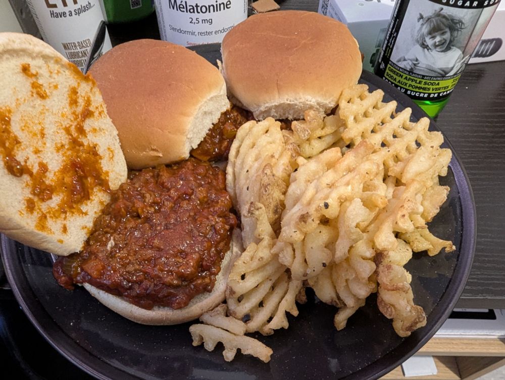 Sloppy Joes with a side of waffle fries.
