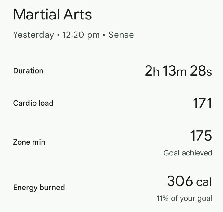 A screenshot from my Fitbit app shows "Martial Arts" as a header, then "yesterday, 12:20pm, Sense". The following reads "Duration: 2h 13m 28s, Cardio load: 171, Zone min: 175 (goal achieved), Energy burned: 306 cal (11% of your goal)".