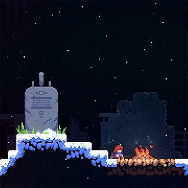 a pixel art scene with a grave and a fire in the foreground