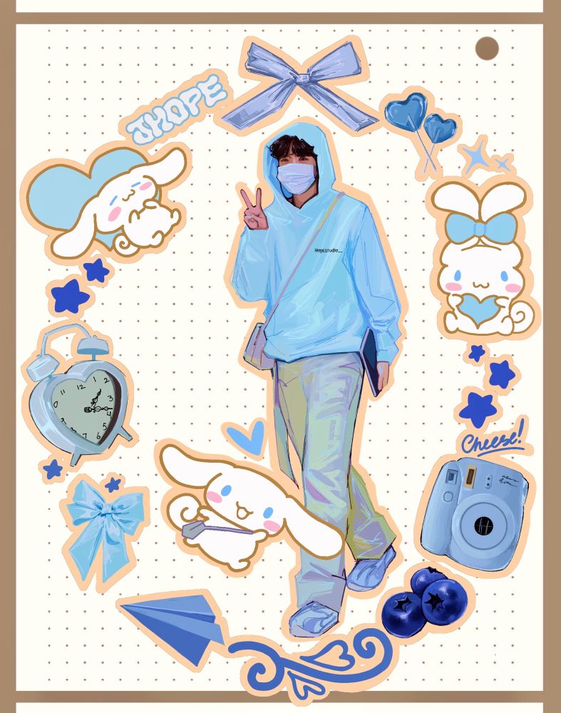 A digital painting of jhope in a light blue hoodie and pants with Sanrio character Cinnamoroll