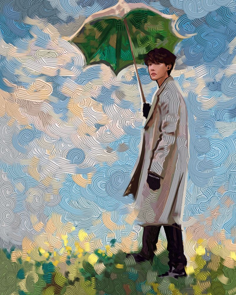 A digital painting of jhope as a redraw of Claude Monet’ famous painting “woman with a parasol”