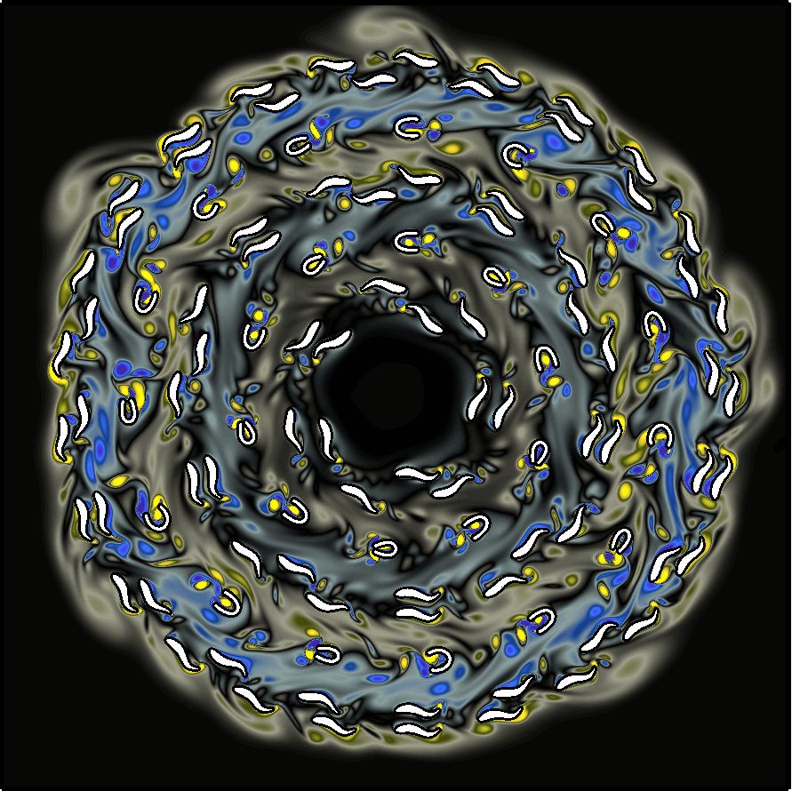 A contrived computational fluid dynamics simulation snapshot of 82 fish and 25 jellyfish from when I was running speed tests in my immersed boundary software, IB2d.