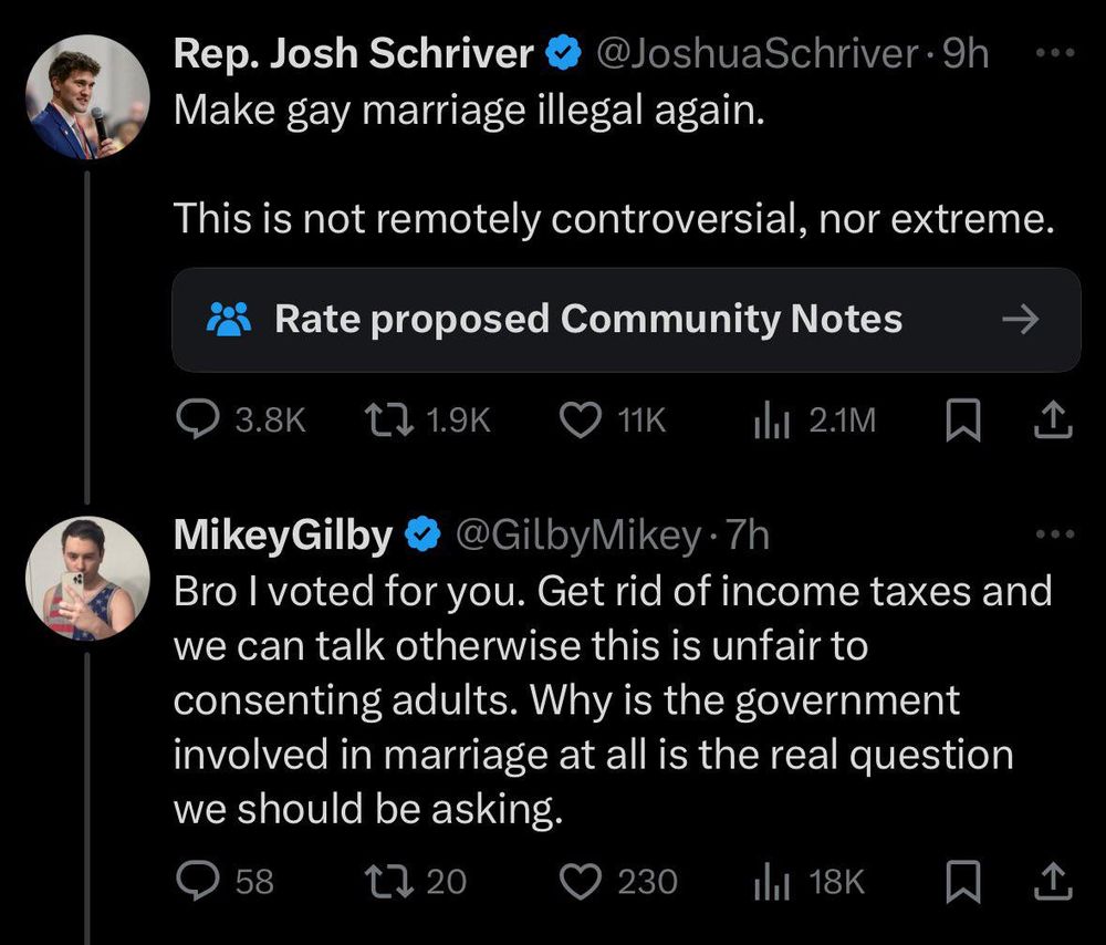 A screenshot from Twitter.

Rep. Josh Schriver @JoshuaSchriver tweets: "Make gay marriage illegal again. This is not remotely controversial, nor extreme."

In response, @GilbyMikey tweets: "Bro I voted for you. Get rid of income taxes and we can talk otherwise this is unfair to consenting adults. Why is the government involved in marriage at all is the real question we should be asking."