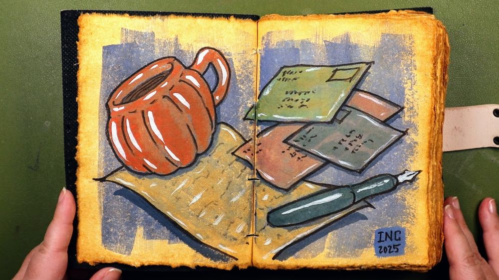Gouache painting on 'aged' cotton paper in a leather-bound journal. Items depicted are letters, a fountain pen, and a pumpkin-shaped mug.