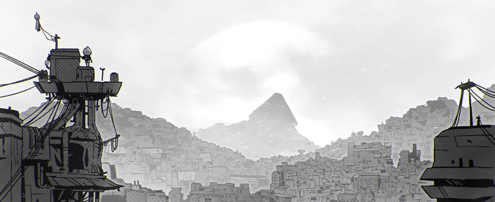 Un étrange personnage regardé une pyramide dans le lointain. 