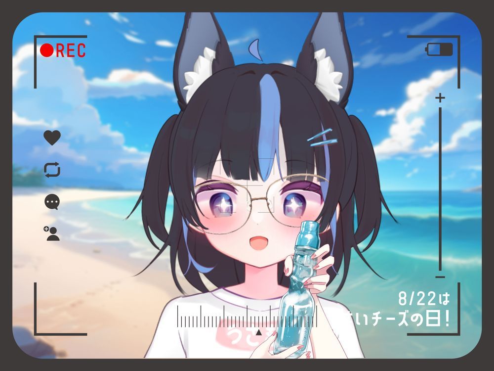 A black-haired foxgirl with blue streaks in hair, wearing glasses with blue starry eyes. Holding up a blue ramune bottle at the beach with the ocean in sight. Viewpoint of a camera lens.