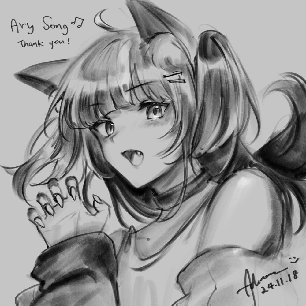 A greyscale drawing of a gumiho foxgirl smiling with a fang. One hand is raised, partially curled and exposing her claws. On the top left is written "Ary Song [musical notes] Thank you!" On the bottom right is @adirosa.com's signature with a smiley face and dated 24.11.18.