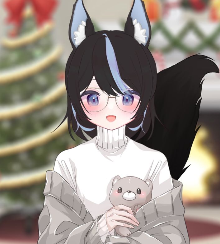 A black-haired foxgirl with blue streaks in hair, wearing glasses, an off-white turtleneck, and a beige sweater sliding down the shoulders. Lightly holding a cute teddy bear. Background: a cozy living room with a Christmas tree and a warm lit fireplace.