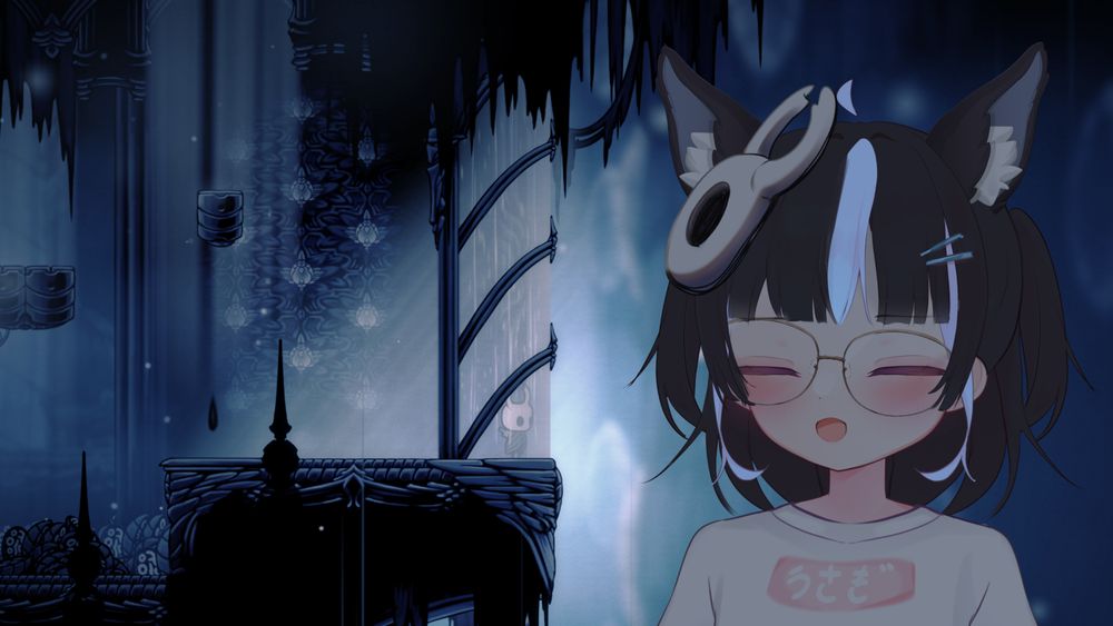 The Hollow Knight main character stands in a waterfall against a dark glowy blue backdrop, looking towards the right. In that direction stands a black-haired foxgirl with blue streaks in hair, wearing glasses with eyes closed while grinning.