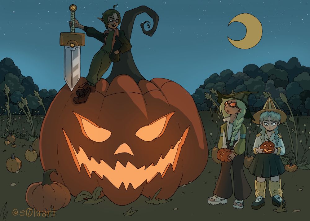 My ocs: Zocrow, a tree elf; Kaviya, a witch with a leaf hat; and Amee, a weather witch. Zocrow stands on top of a gigantic pumpkin he carved as it glows with flame. The two witches look at their small jack o lanterns with disappointment after seeing his. 