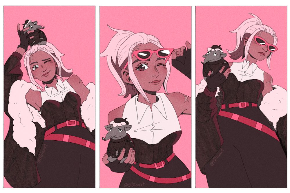 Rosé from Drawtectives holding Porcino, a Drawtectives npc, in three cute poses