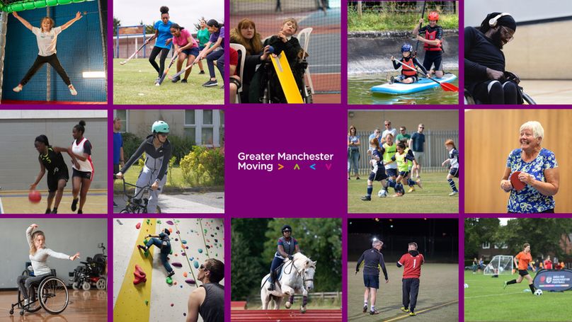 A collage of 14 photos, showing people doing various sports. In the middle is the Greater Manchester Moving logo.