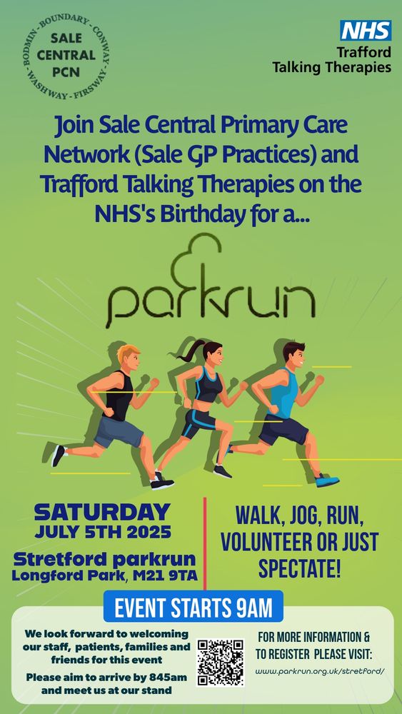 A digital poster for Sale Central PCN and Trafford Talking Therapies 'takeover' of Stretford parkrun on Saturday 5 July.