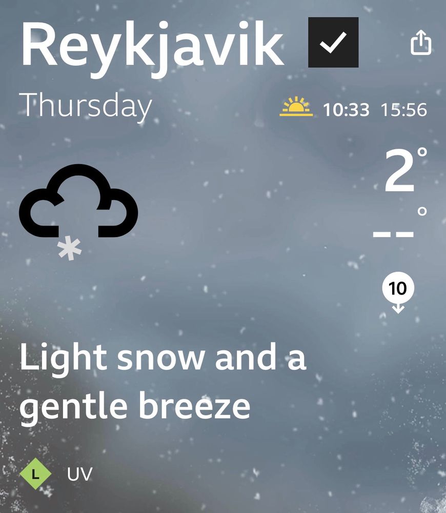 Screenshot of the BBC weather app showing light snow and a gentle breeze, temperature of 2 degrees 