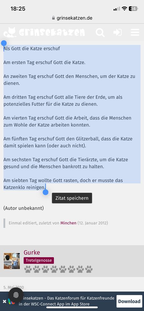 Als Gott die Katze erschuf

Am ersten Tag erschuf Gott die Katze.

An zweiten Tag erschuf Gott den Menschen, um der Katze zu dienen.

Am dritten Tag erschuf Gott alle Tiere der Erde, um als potenzielles Futter für die Katze zu dienen.

Am vierten Tag erschuf Gott die Arbeit, dass die Menschen zum Wohle der Katze arbeiten konnten.

Am fünften Tag erschuf Gott den Glitzerball, dass die Katze damit spielen kann (oder auch nicht).

Am sechsten Tag erschuf Gott die Tierärzte, um die Katze gesund und die Menschen bankrott zu halten.

Am siebten Tag wollte Gott rasten, doch er musste das Katzenklo reinigen.