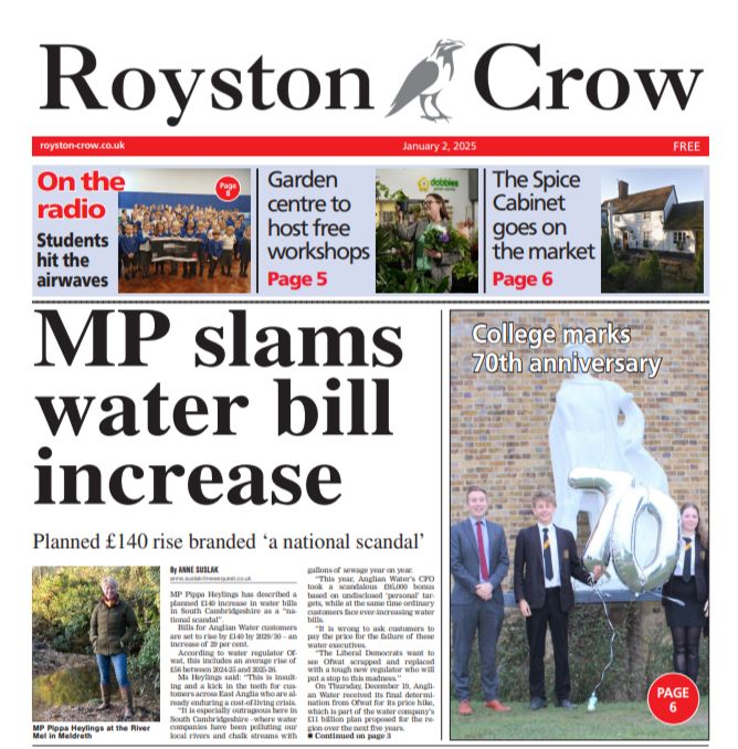 The front page of the Royston Crow newspaper, with the headline 'MP slams water bill increase'
