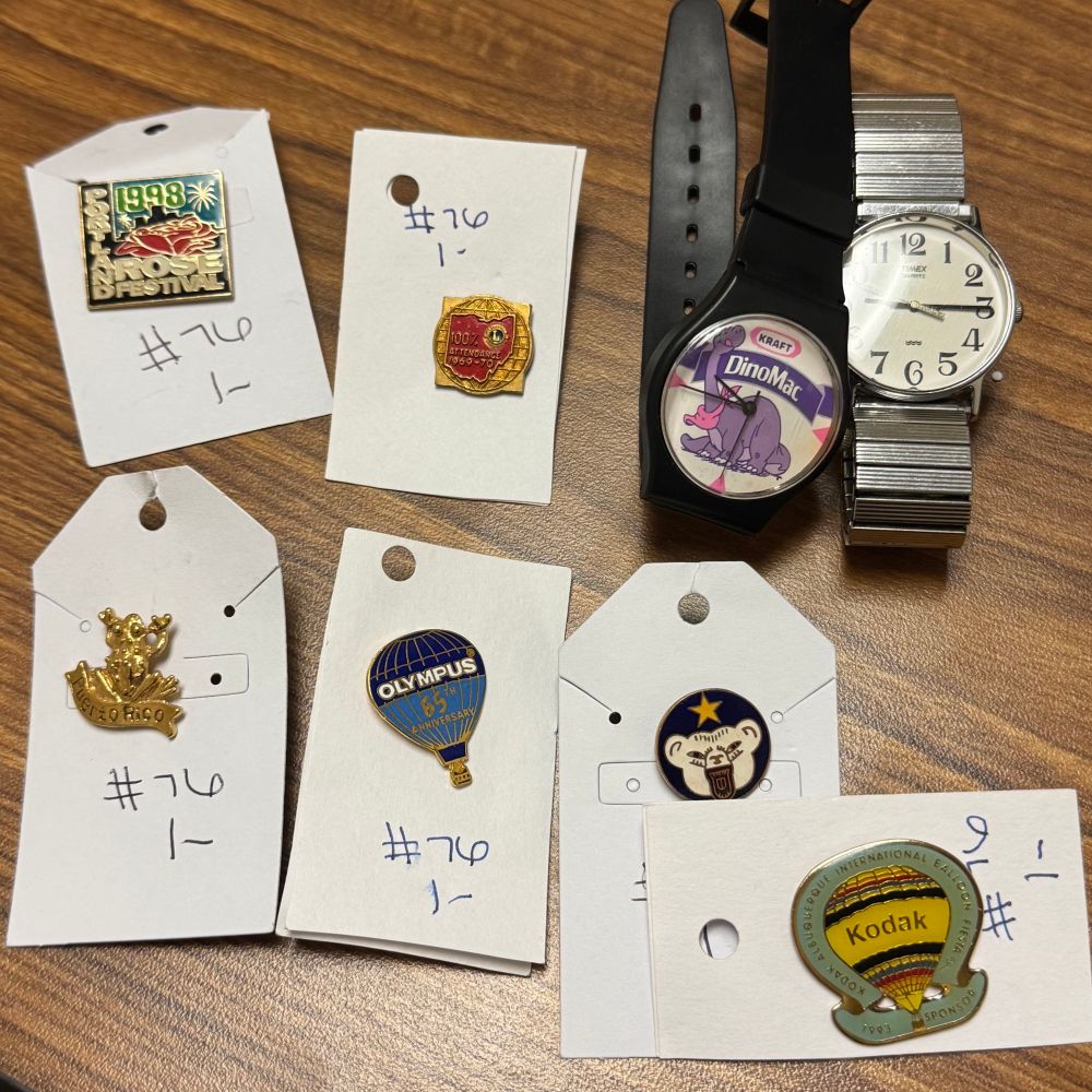 6 vintage pins and two vintage watches. 