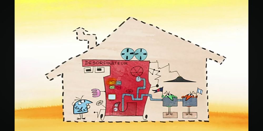 a screenshot from the french cartoon 'les shadoks'. It shows the outline of a house and there's a big red computer in it and it almost fills the house