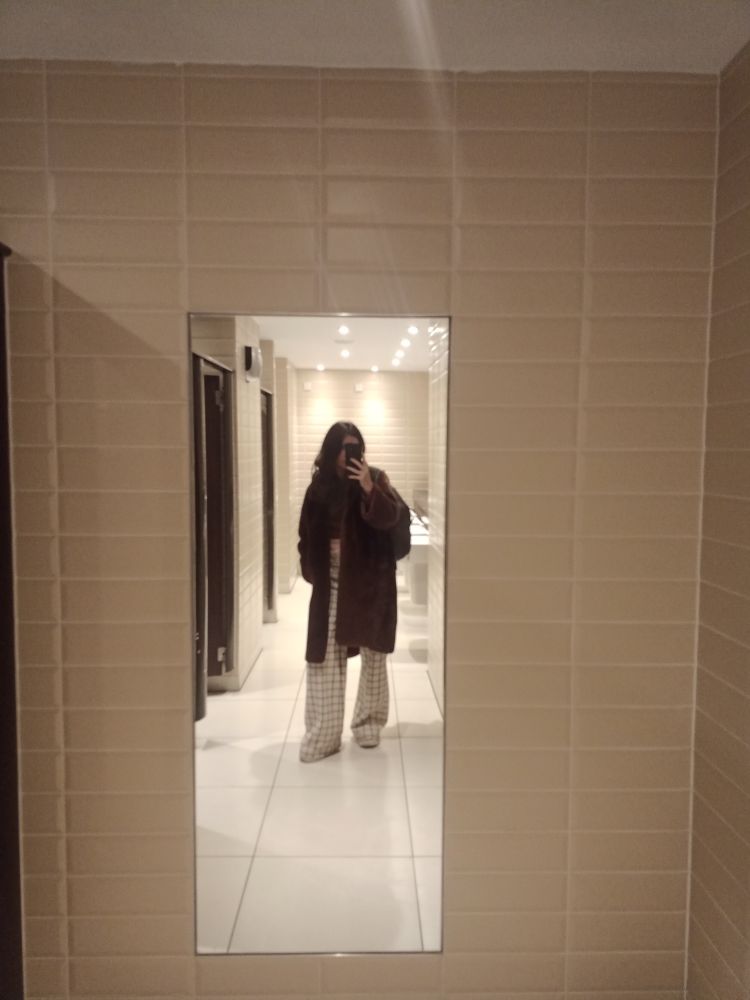 mirror selfie of me in a public bathrooms taken in a tall rectangular mirror mounted on the wall which is tiled with beige tiles. I have a big brown coat on and cream check trousers it's quite a blurry picture and you can't see my face