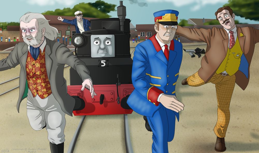 a fully illustrated piece of rusty, being driven by sailor john, looking frightened as they are made to chase sir robert norramby, mr conductor and mr fergus duncan across the yards. mr percival lies on the ground in the family guy death pose, assumed dead.