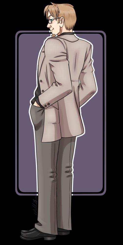 full body image of a man with glasses in a light tan jacket, black shoes and grey-brown trousers. he has his back turned to the viewer but his head is turned and he smiles towards the camera. there is a purple framed background.