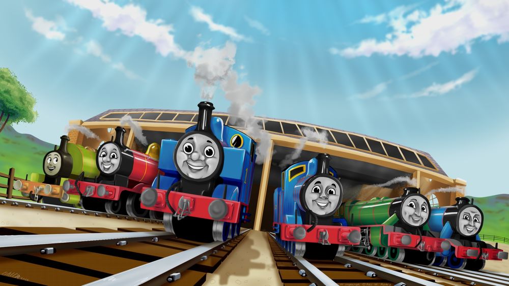 a fully illustrated piece of thomas, edward, henry, gordon, james and percy from 'thomas and friends' in the style of c. reginald dalby's illustrations from books 1-11. percy is drawn in the style of john t. kenney. this piece is slightly duller in colour to reduce eye strain.